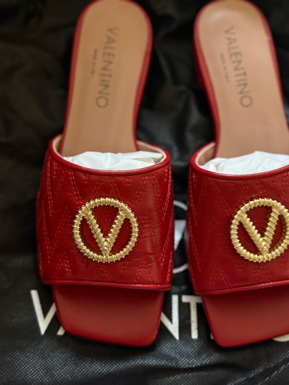 Valentino Red Quilted Slide Mules with Gold V Emblem
